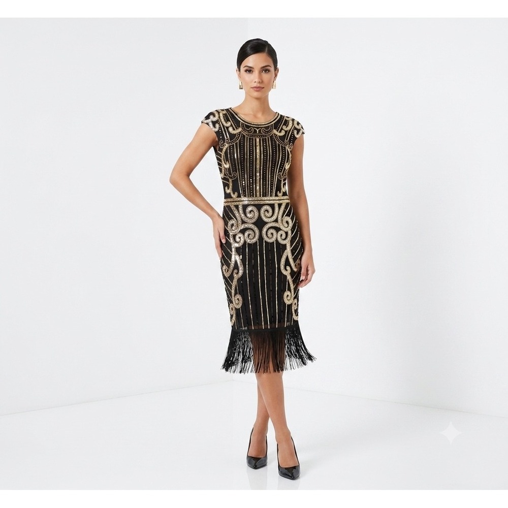 Vision For‎ Innovation Black Gold Sequin Flapper Dress Gatsby Fringe Sz S